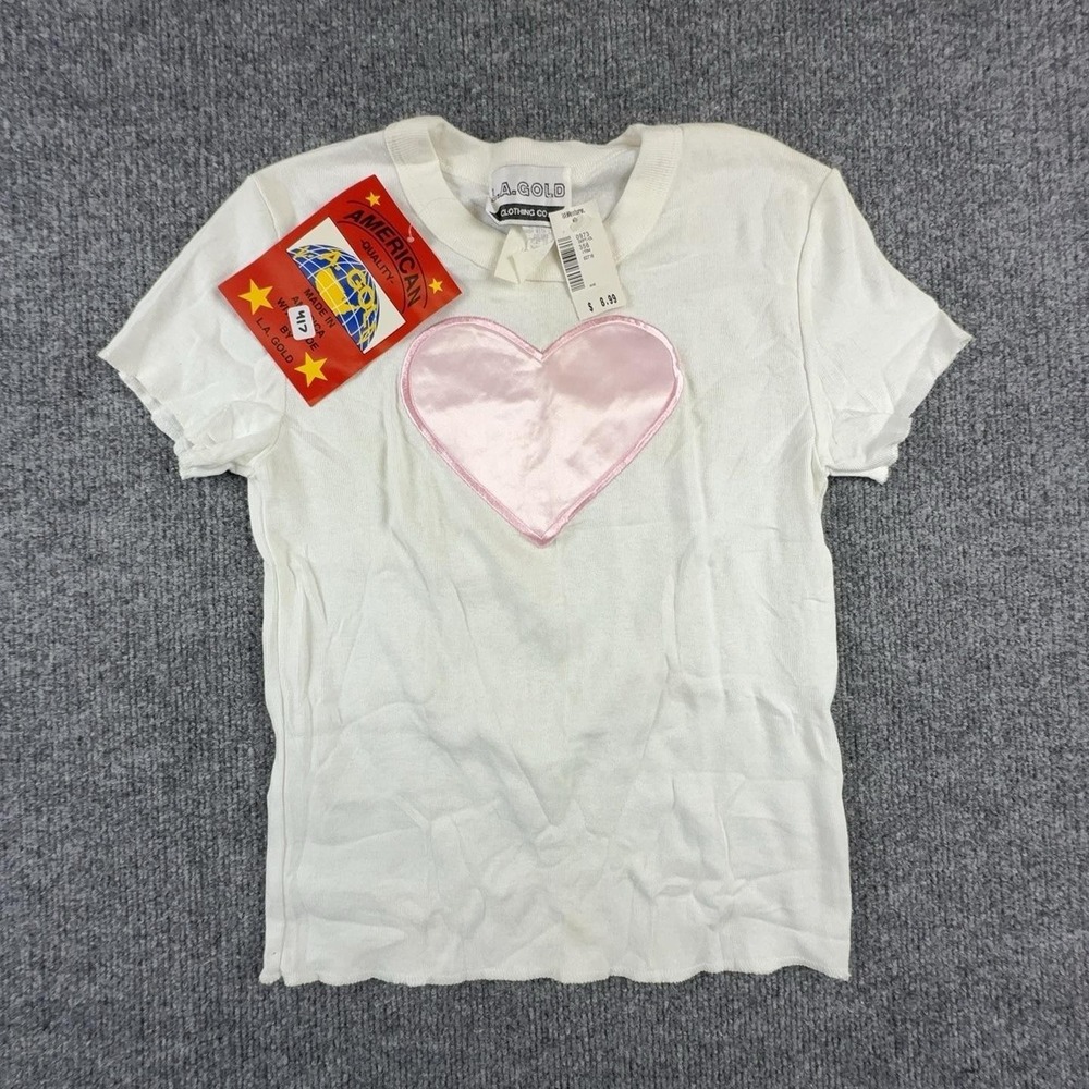 VTG L.A. GOLD Shirt Girls M White Pink Satin Heart Graphic Crew Neck Tee USA